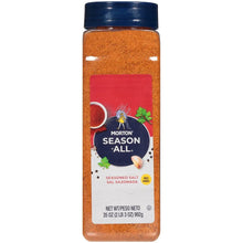 Morton seasoned salt jar with blue lid, red-orange seasoning visible through label