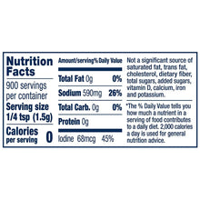 Nutrition facts panel for iodized salt, sodium 590mg and iodine 68mcg per serving