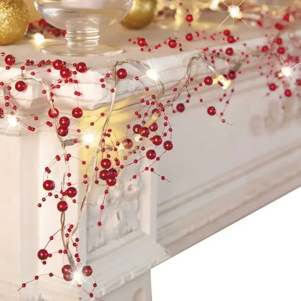 Morttic Christmas Festive Lighted 30LED Berry Beaded Garland for Indoor Decorations Xmas, Thanksgiving, Home Table Decor(Red)