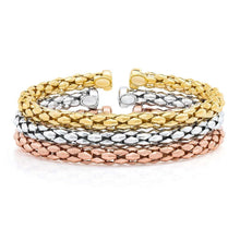 Triple mosaic chain bangle set with gold, silver, and rose-tone links and clasp ends