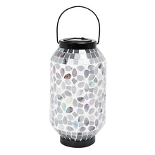 Mosaic solar lantern with white mosaic leaf tiles, black cap, arched carrying handle
