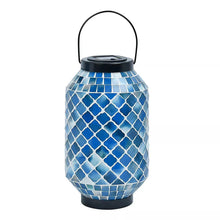 Mosaic solar lantern with light blue diamond mosaic tiles and black base, arched handle