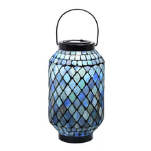 Mosaic solar lantern with blue diamond mosaic pattern and black base, arched handle