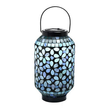 Mosaic solar lantern with blue mosaic petal pattern and black base, arched handle