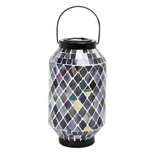 Mosaic solar lantern with multicolor diamond tiles and black base, arched handle