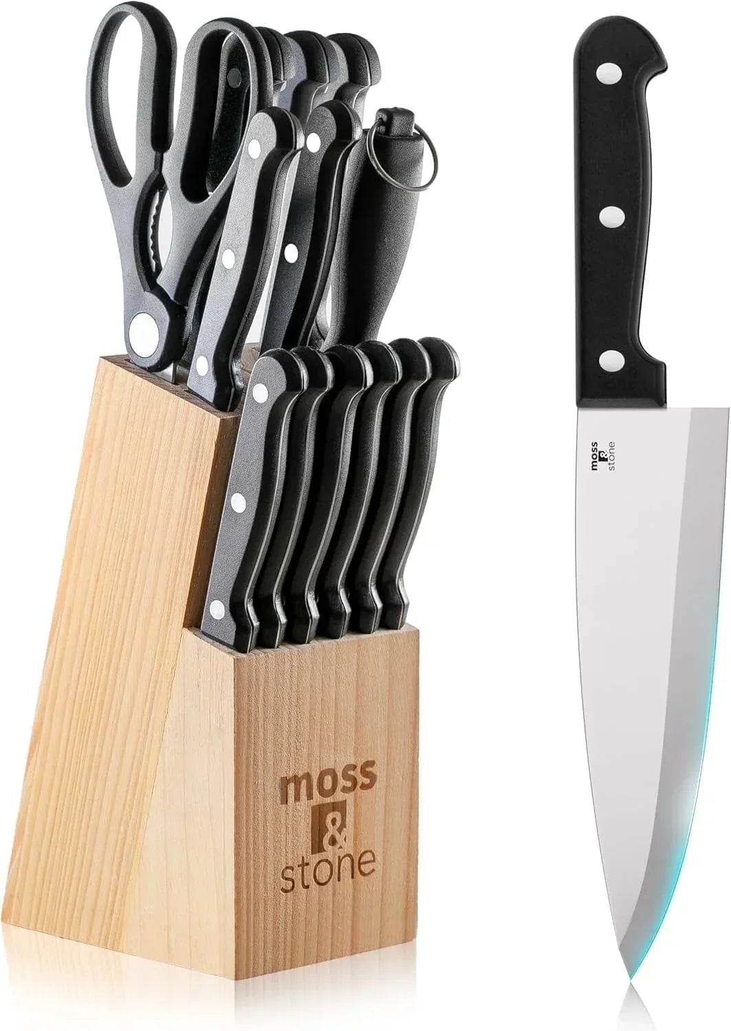Moss & Stone Professional Kitchen Knife Chef Set, Small Knife Set With Block, Black Titanium Plated Kitchen Knife Set, Stainless Steel Scratch Resistant & Rust Proof Sharp Kitchen Knives. - USA MEGA SHOP