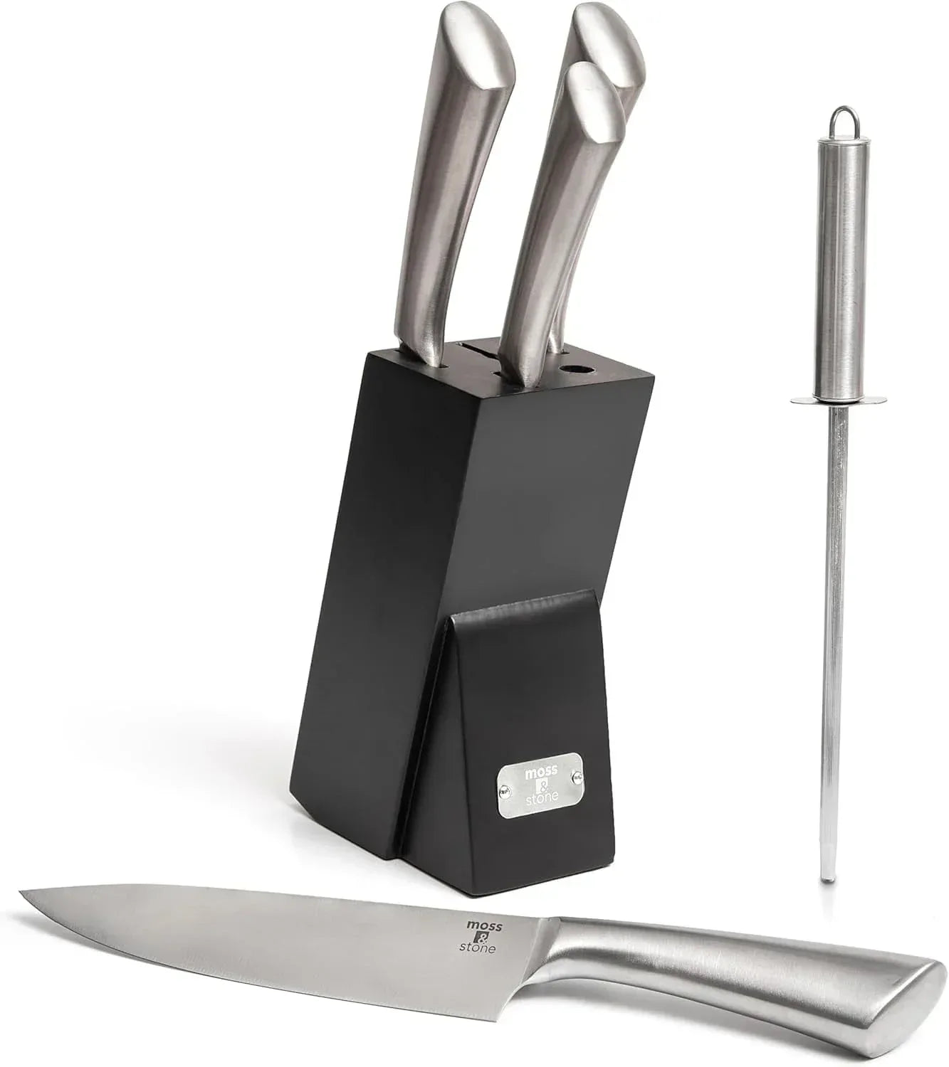Moss & Stone Professional Kitchen Knife Chef Set, Small Knife Set With Block, Black Titanium Plated Kitchen Knife Set, Stainless Steel Scratch Resistant & Rust Proof Sharp Kitchen Knives. - USA MEGA SHOP