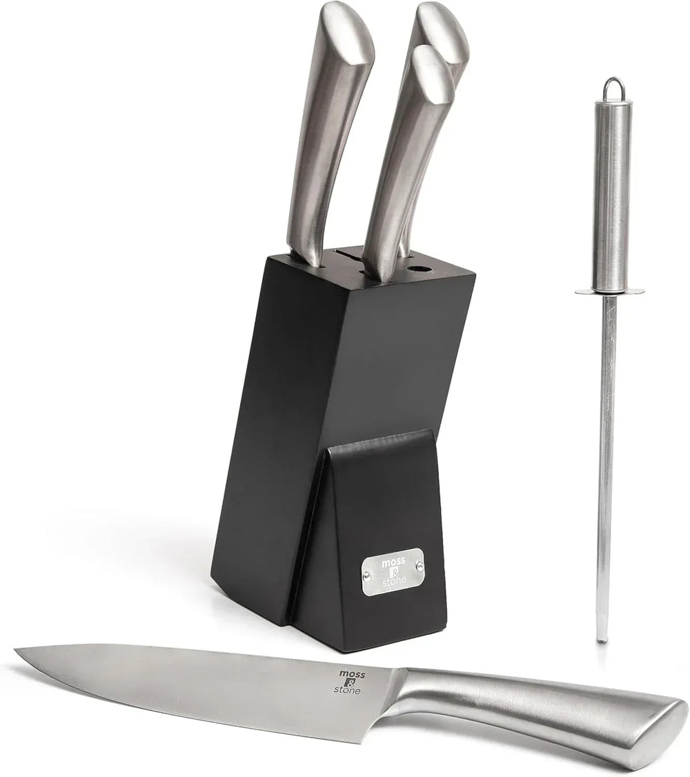 Moss & Stone Professional Kitchen Knife Chef Set, Small Knife Set With Block, Black Titanium Plated Kitchen Knife Set, Stainless Steel Scratch Resistant & Rust Proof Sharp Kitchen Knives. - USA MEGA SHOP
