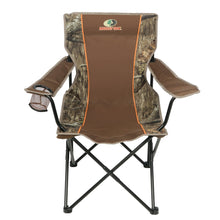 Mossy Oak quad camp chair with soft arms, camo fabric, and cupholder side tray