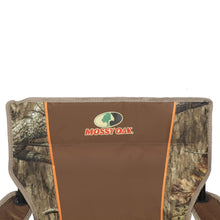Mossy Oak quad camp chair back panel in camo fabric with orange trim
