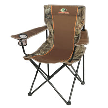 Mossy Oak quad camp chair with camo seat, soft arms, and cupholder side table