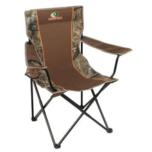 Mossy Oak quad camp chair side view with camo upholstery and padded arm rests