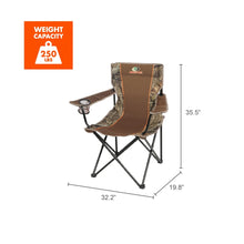 Mossy Oak quad camp chair 35.5 in tall, 32.2x19.8 in, holds 250 lbs