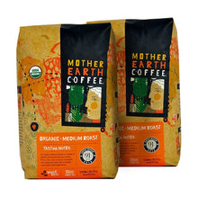 Two organic medium roast coffee bags side by side, yellow-orange with Mother Earth Coffee labels