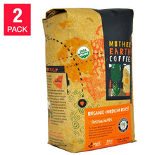 Organic medium roast coffee bag, yellow-orange with Mother Earth Coffee label