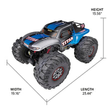 2WD RC truck car with silver-and-blue body; product size labels shown