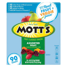 Fruit flavored snack pouch, assorted fruit variety, front view with Real Fruit badge
