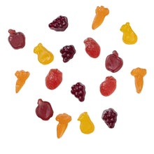 Assorted fruit-shaped gummies in red, yellow, and orange pieces
