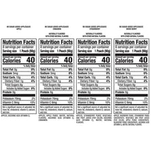 Nutrition Facts labels for no sugar added applesauce pouches, 8 servings each