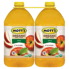 Two organic apple juice bottles, 1 gallon each, with caps and labels
