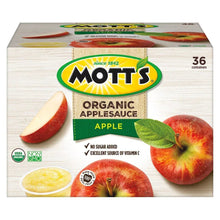 Organic applesauce pack with Mott's branding, apple flavor, no sugar added, vitamin C
