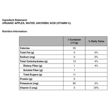 Organic applesauce nutrition facts panel with ingredient statement and vitamin C