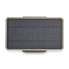 Rectangular solar power pack with dark fabric panel and beige frame