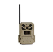 Beige cellular trail camera with antenna and front view window, rugged outdoor housing.