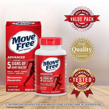 Move Free Advanced supplement bottle with white tablets and red package, value pack