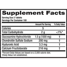 Supplement Facts panel showing glucosamine, chondroitin, hyaluronic acid, calcium