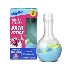 Bath potion bottle with blue-green liquid, clear plastic cap.