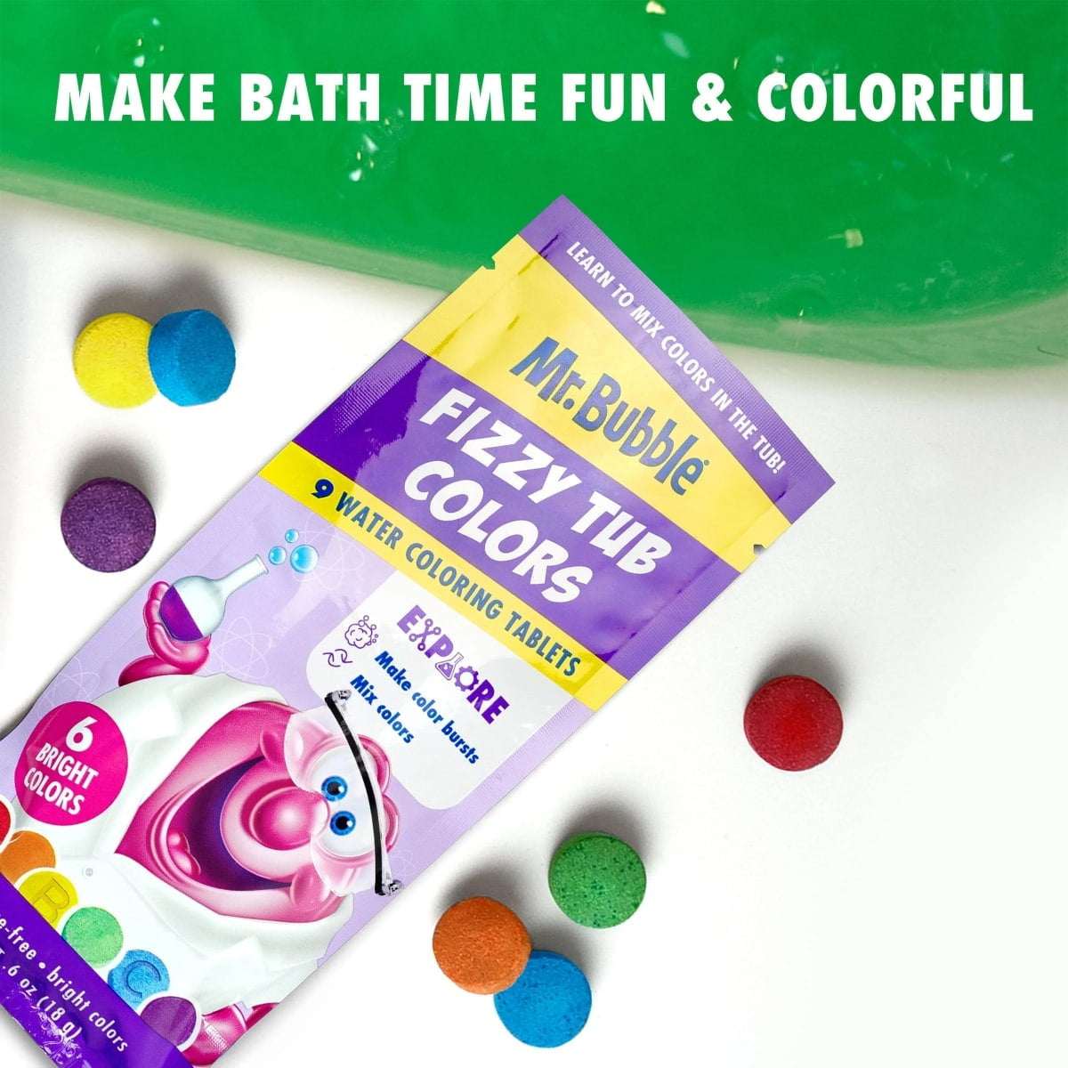 Mr. Bubble Fizzy Tub Colors, Fragrance Free, Waterfall Cap, 150 Count