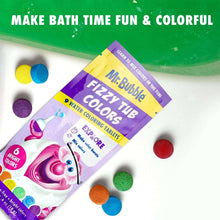 Fizzy tub colors pouch with six round tablets scattered around, colorful front label