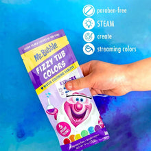 Hand holding fizzy tub colors pouch with colorful tablet graphics on front