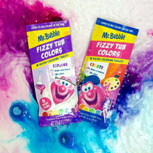 Two fizzy tub color tablet pouches with colorful bath-dye swirls around