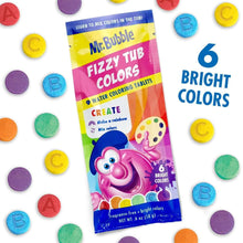 Fizzy tub colors tablet pouch with scattered round tablets and label