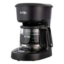 Black 5-cup programmable coffee maker with glass carafe and side handle