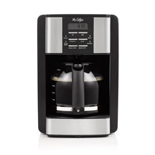 Black programmable coffee maker with LCD display and front brewing area