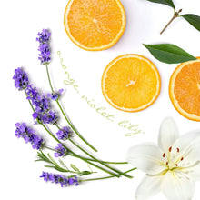 Lavender sprigs, orange slices, and white flower petals for bath-time