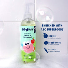 BabyBubble wash & shampoo bottle with pump, ABC superfoods label on front