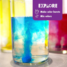 Color burst in clear glass: yellow, blue, and pink fizzy bath dye