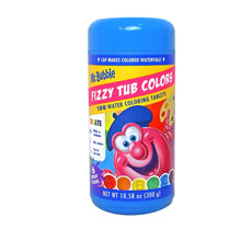 Fizzy tub color tablets container with blue cap and colorful water-coloring label