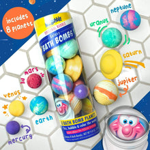 Bath bomb tube with assorted teal, yellow, purple, and pink bath bombs visible.