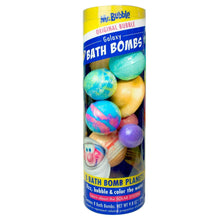 Bath bombs container with teal, yellow, purple, and pink spheres in a clear window.