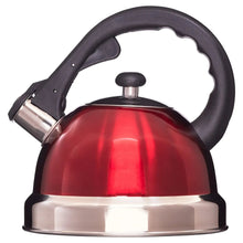 Red stainless tea kettle with black handle and center lid knob