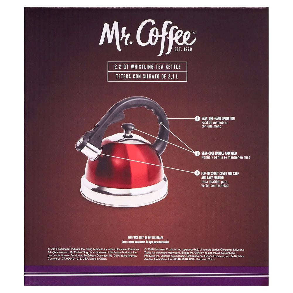 Mr. Coffee Claredale 1.7 Qt Whistling Stainless Steel Tea Kettle in Red - USA MEGA SHOP