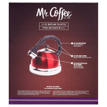 Mr. Coffee tea kettle box back with feature diagram and red kettle