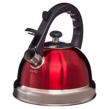 Red stainless steel whistling tea kettle with black handle and spout