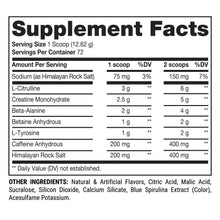 Supplement Facts panel for pre-workout with serving size and key ingredient amounts