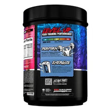 Pre-workout supplement tub back label with supplement facts panel and barcode